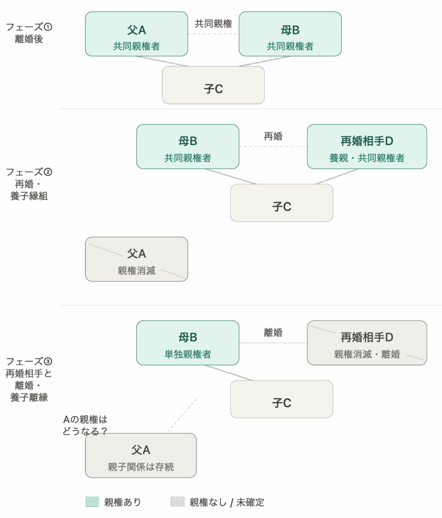 再婚相手と離婚、養子離縁した場合、共同親権はどうなるか