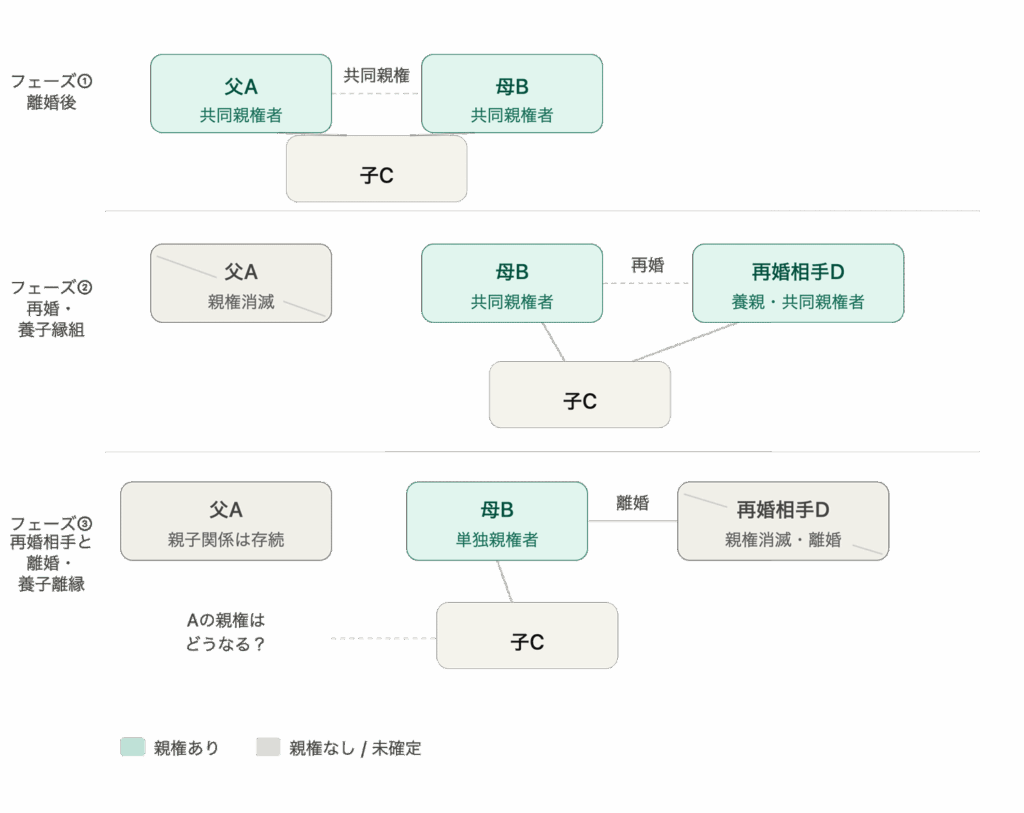 再婚相手と離婚、養子離縁した場合、共同親権はどうなるか